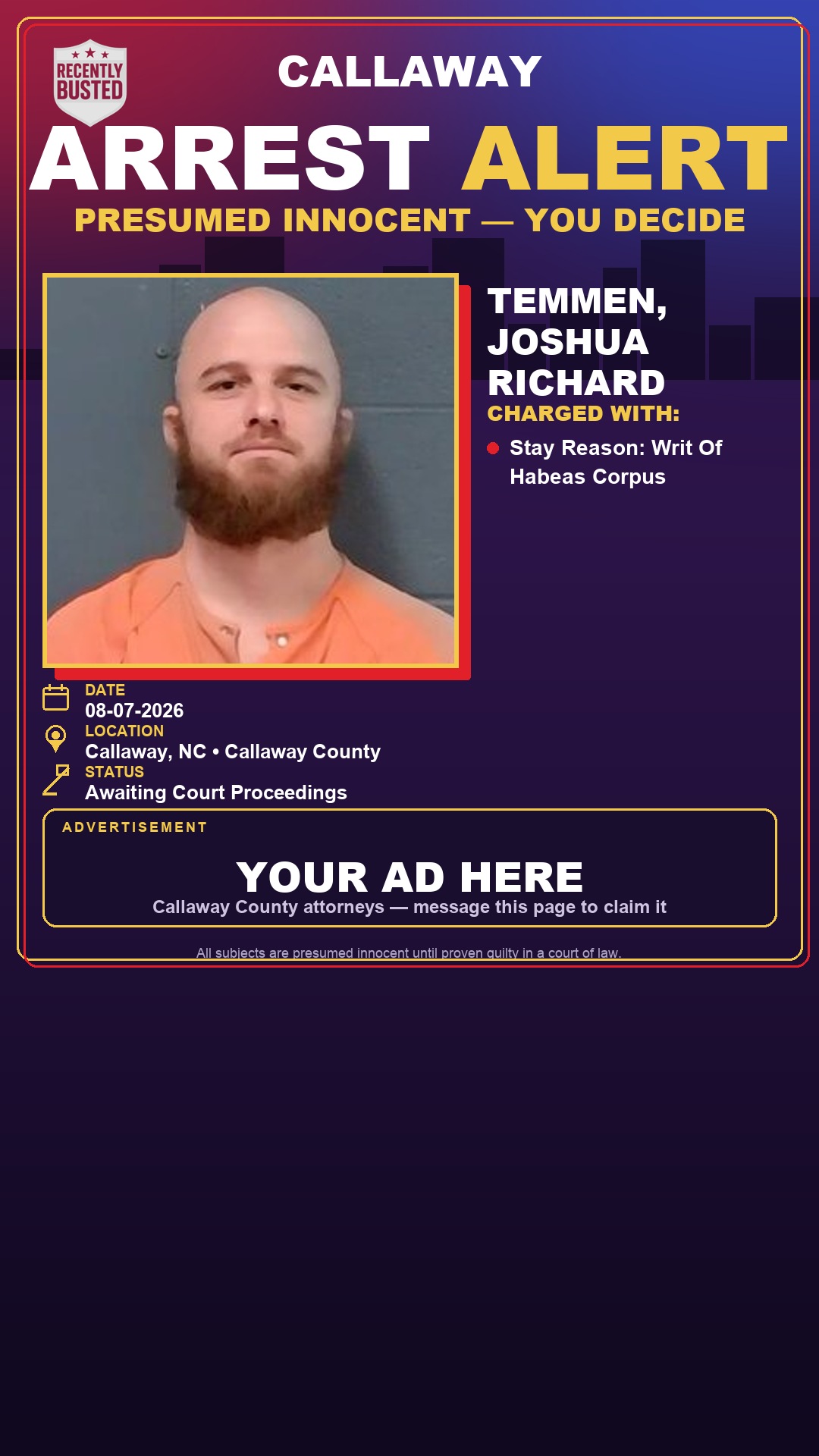 Arrest report - Temmen, Joshua Richard