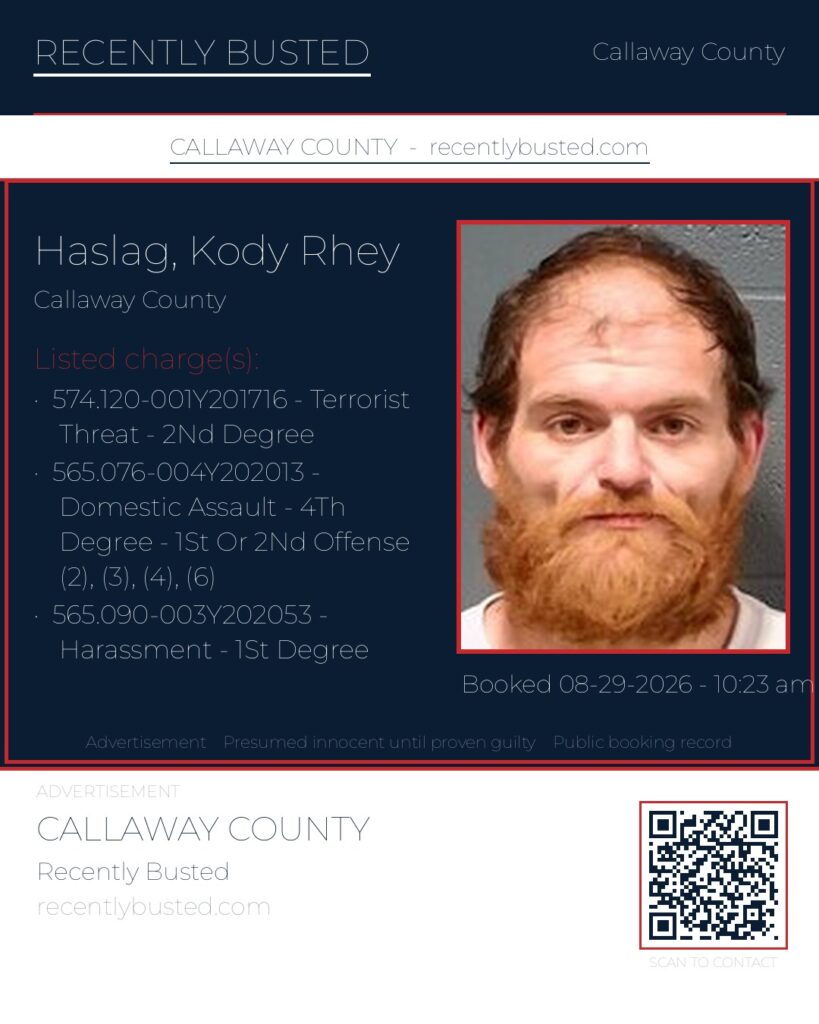 Haslag, Kody Rhey — arrest record card, Missouri
