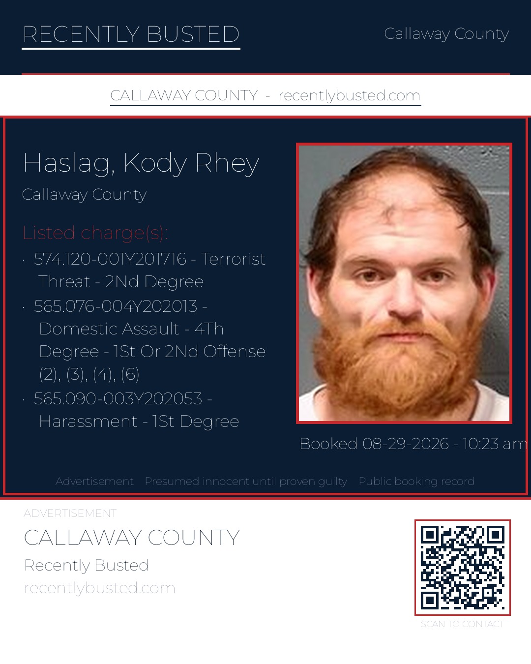 Haslag, Kody Rhey — arrest record card, Callaway County