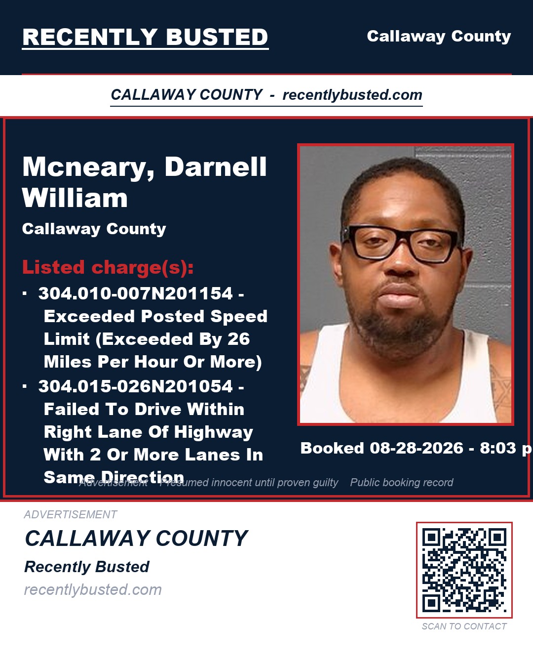 Mcneary, Darnell William — arrest record card, Callaway County