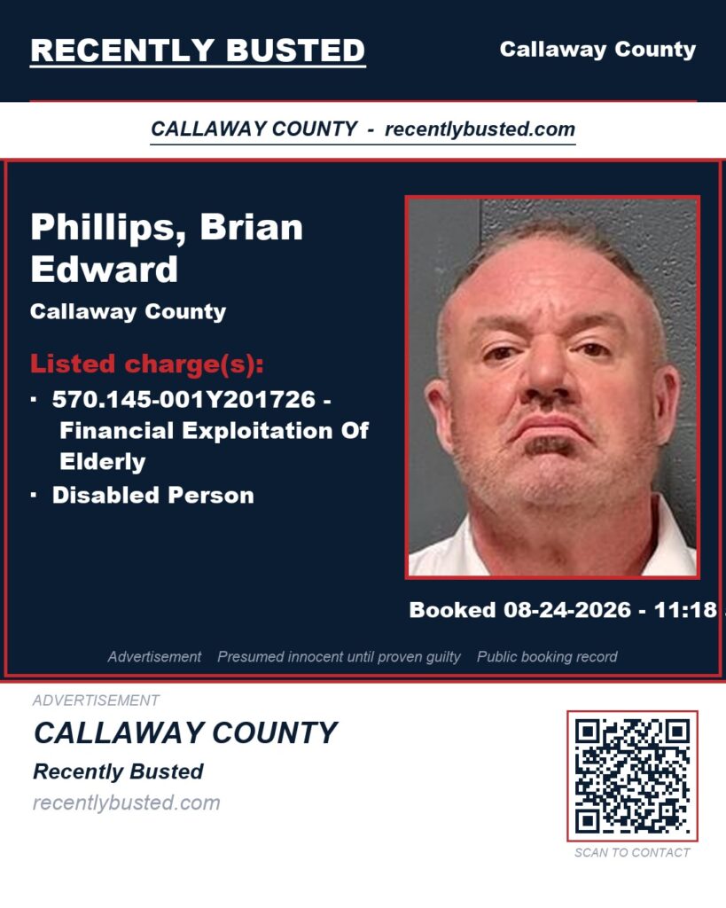 Phillips, Brian Edward — arrest record card, Callaway County