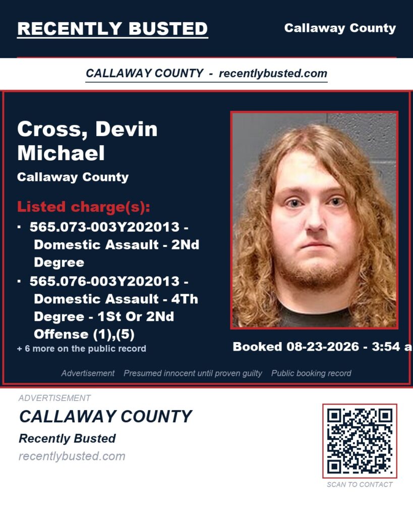Cross, Devin Michael — arrest record card, Callaway County