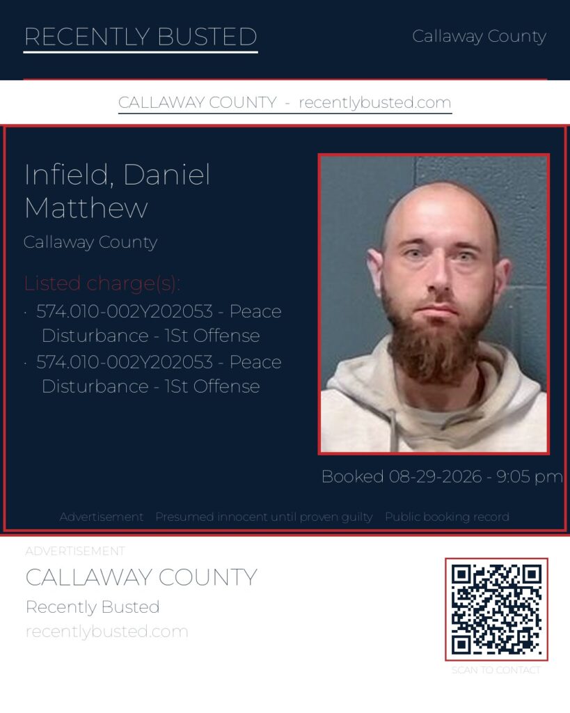 Infield, Daniel Matthew — arrest record card, Missouri