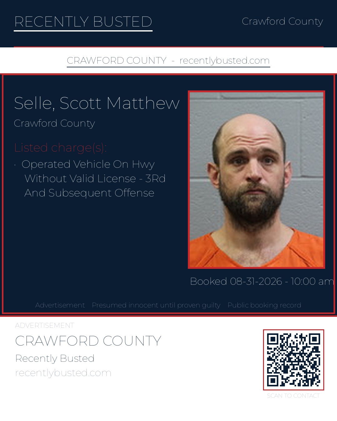 Selle, Scott Matthew — arrest record card, Crawford County