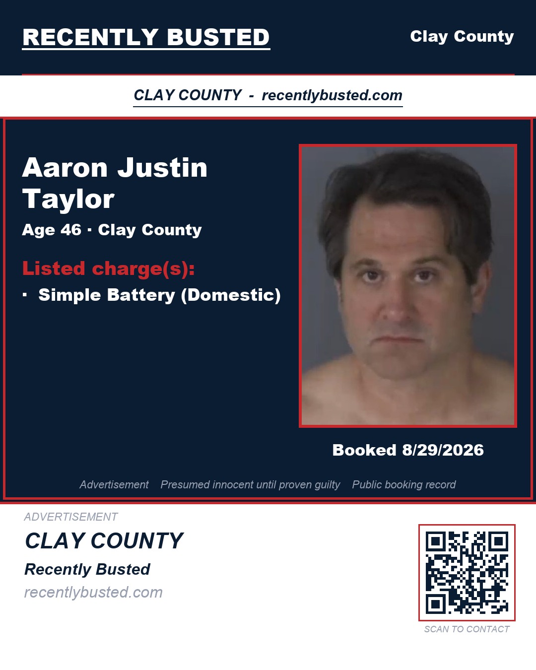 AARON JUSTIN TAYLOR — arrest record card, Clay County, Florida