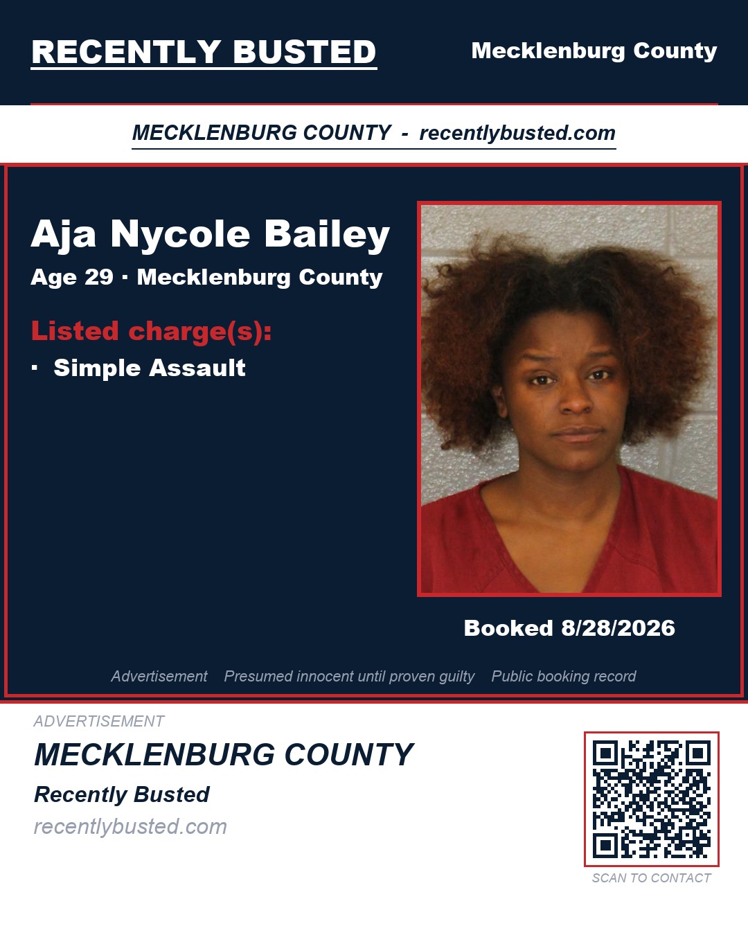 AJA NYCOLE BAILEY — arrest record card, Mecklenburg County, North Carolina