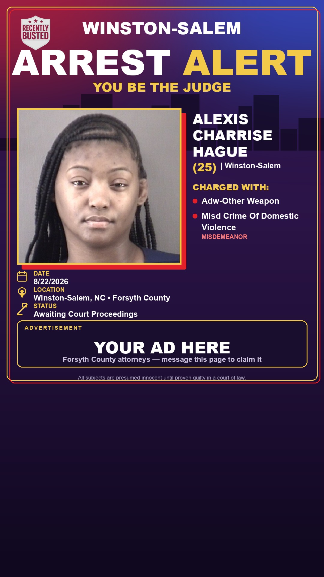 Arrest report - ALEXIS CHARRISE HAGUE