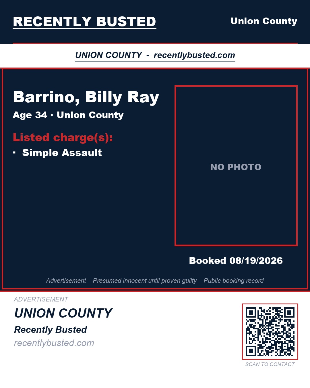 BARRINO, BILLY RAY — arrest record card, Union County, North Carolina