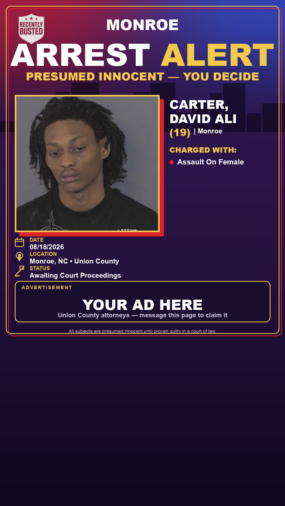 Arrest report - CARTER, DAVID ALI