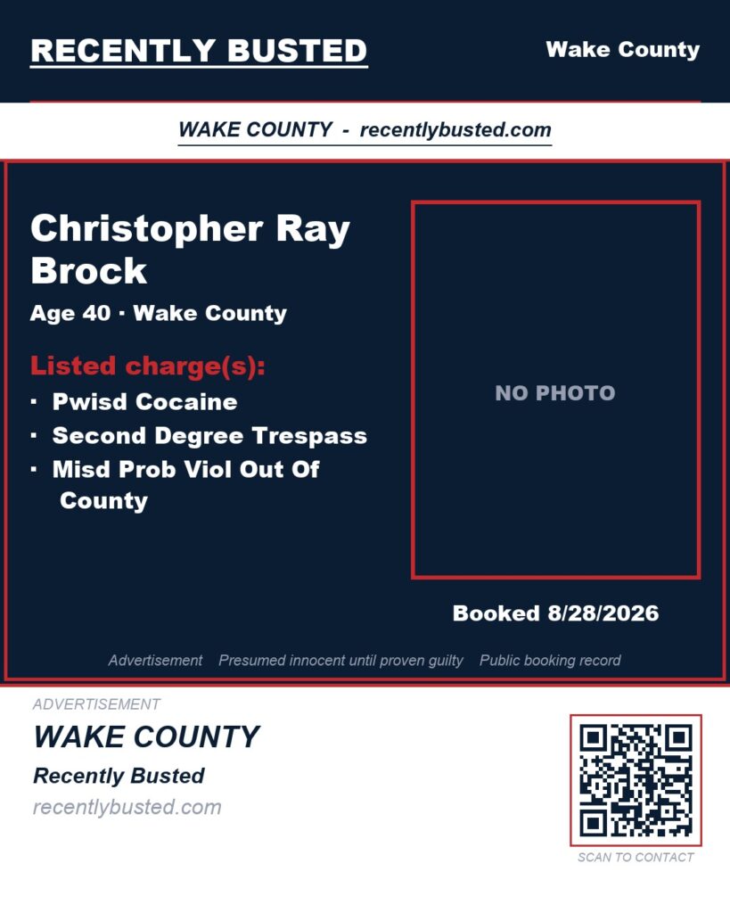 CHRISTOPHER RAY BROCK — arrest record card, Wake County, North Carolina