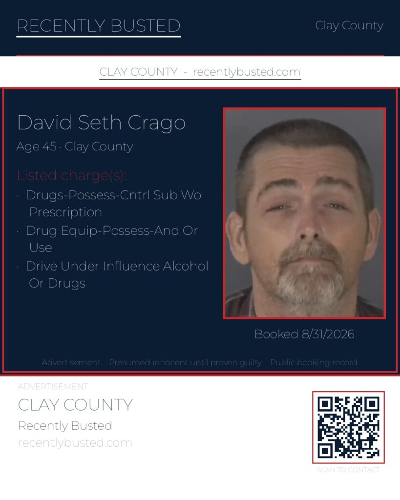 DAVID SETH CRAGO — arrest record card, Clay County, Florida