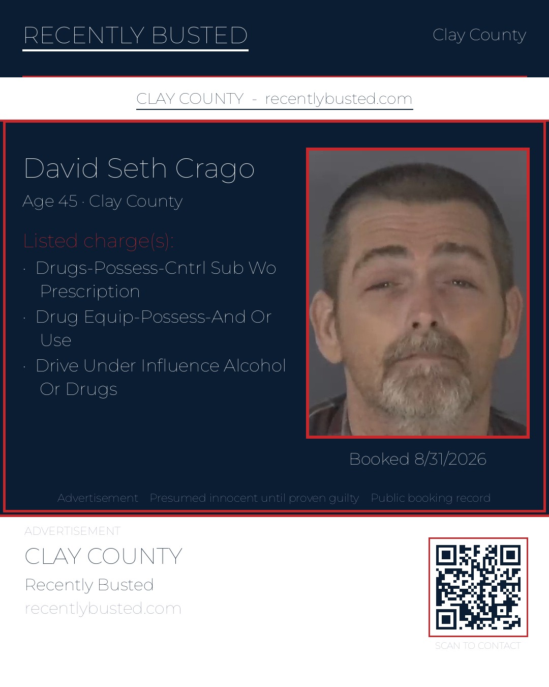 DAVID SETH CRAGO — arrest record card, Clay County, Florida