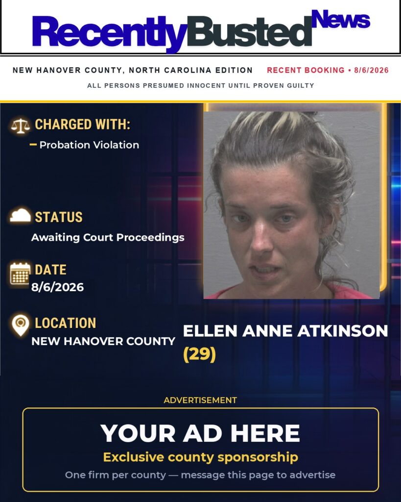 ELLEN ANNE ATKINSON — arrest record card, New Hanover