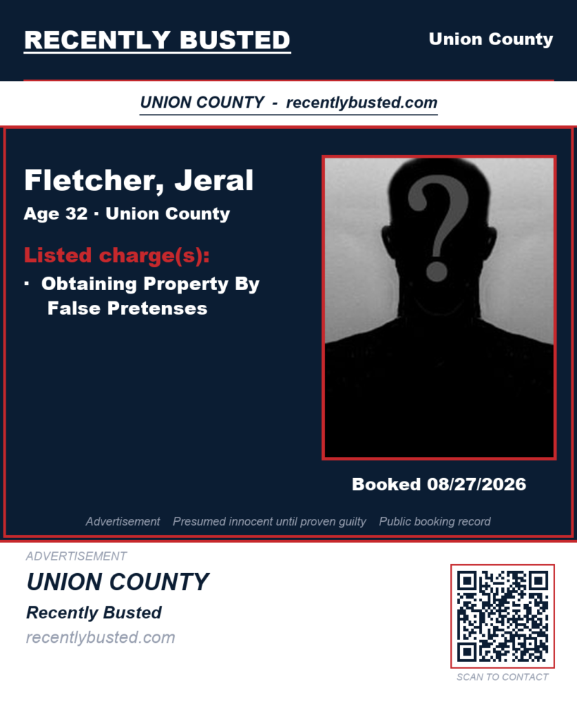 FLETCHER, JERAL — arrest record card, Union County, North Carolina