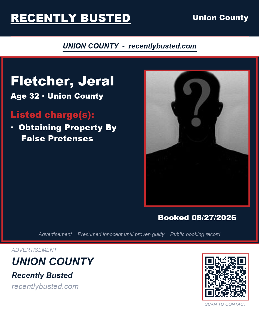 FLETCHER, JERAL — arrest record card, Union County, North Carolina