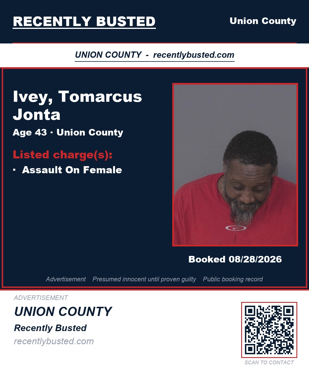 IVEY, TOMARCUS JONTA — arrest record card, Union County, North Carolina