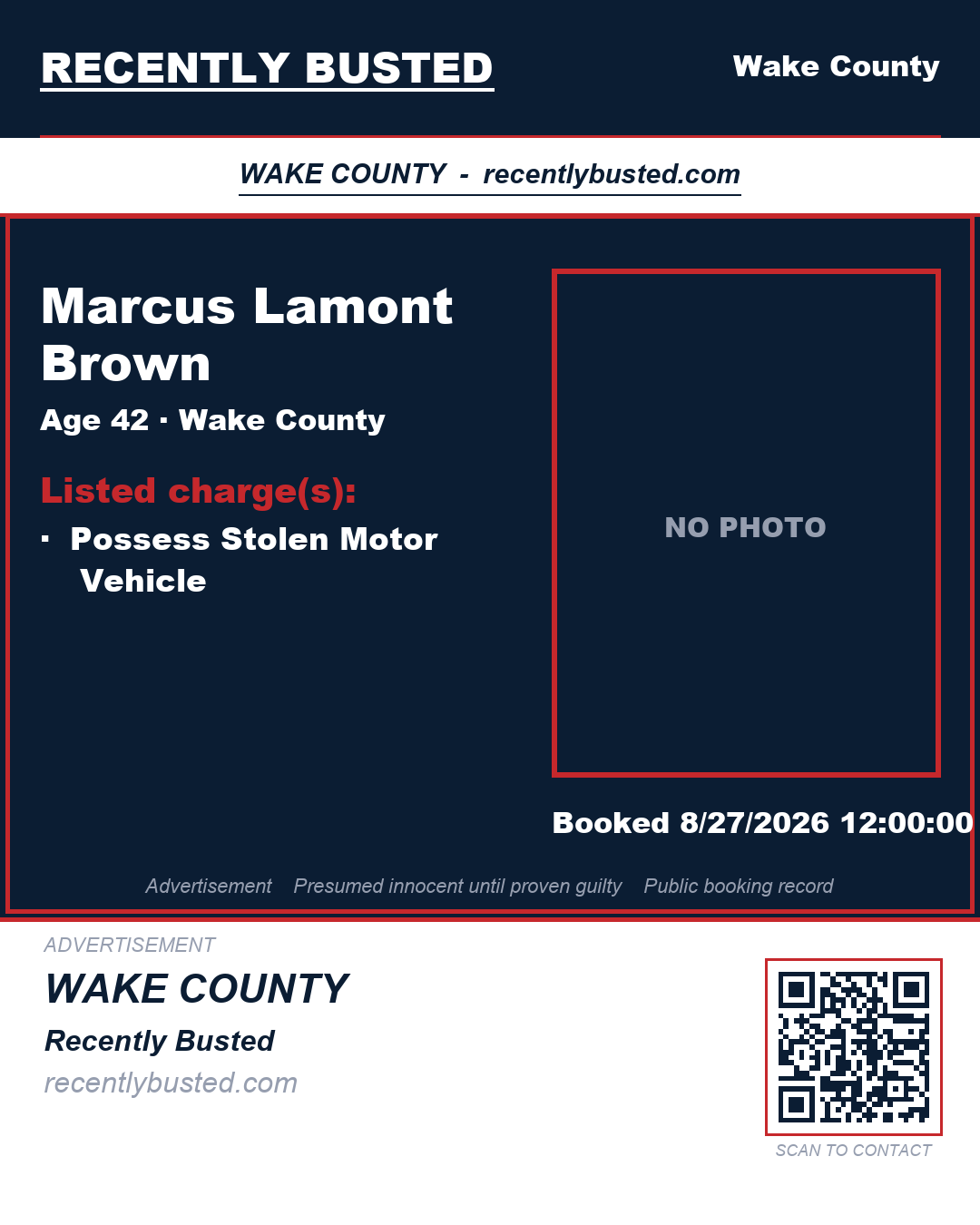 MARCUS LAMONT BROWN — arrest record card, Wake County, North Carolina