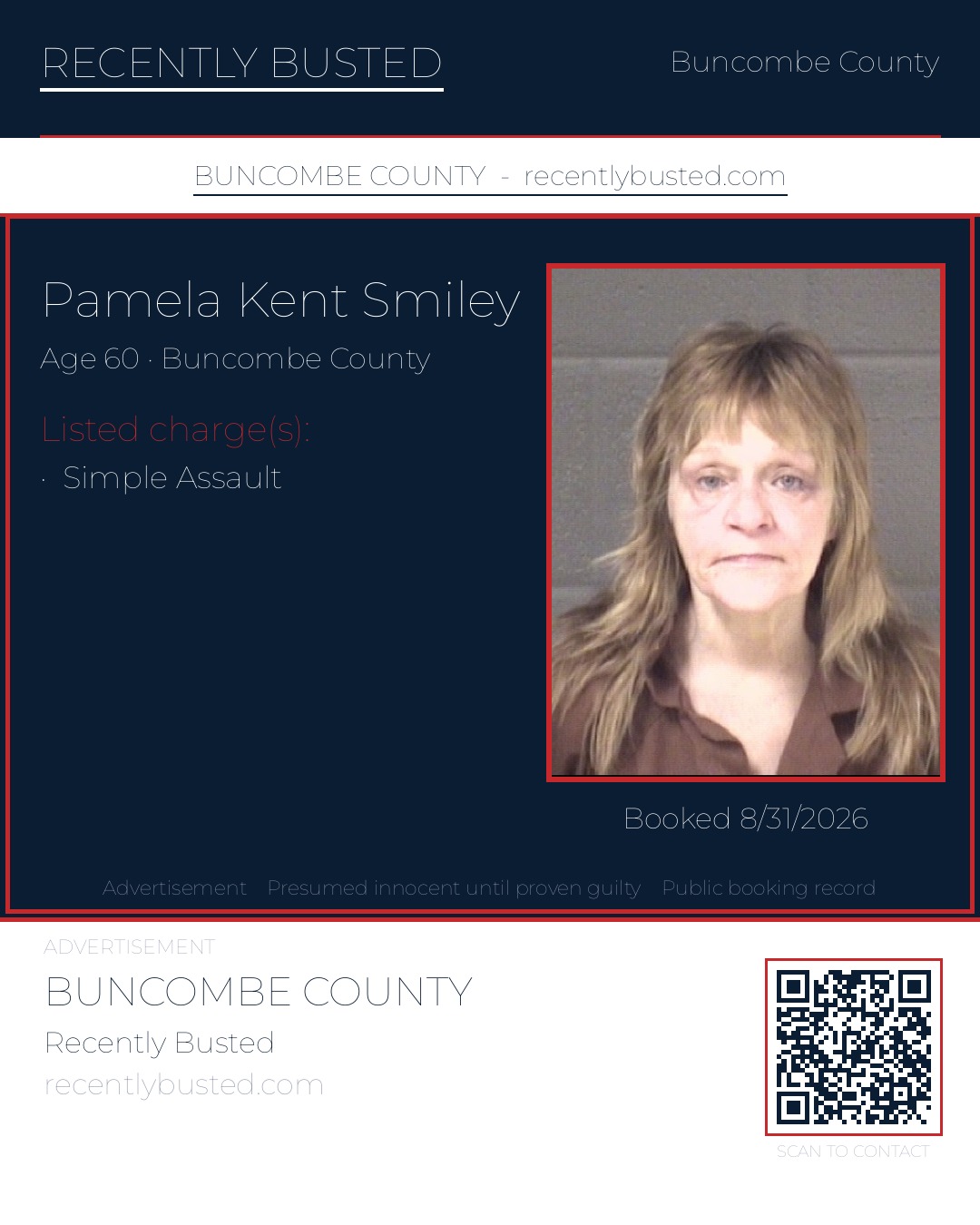 PAMELA KENT SMILEY — arrest record card, Buncombe County, North Carolina