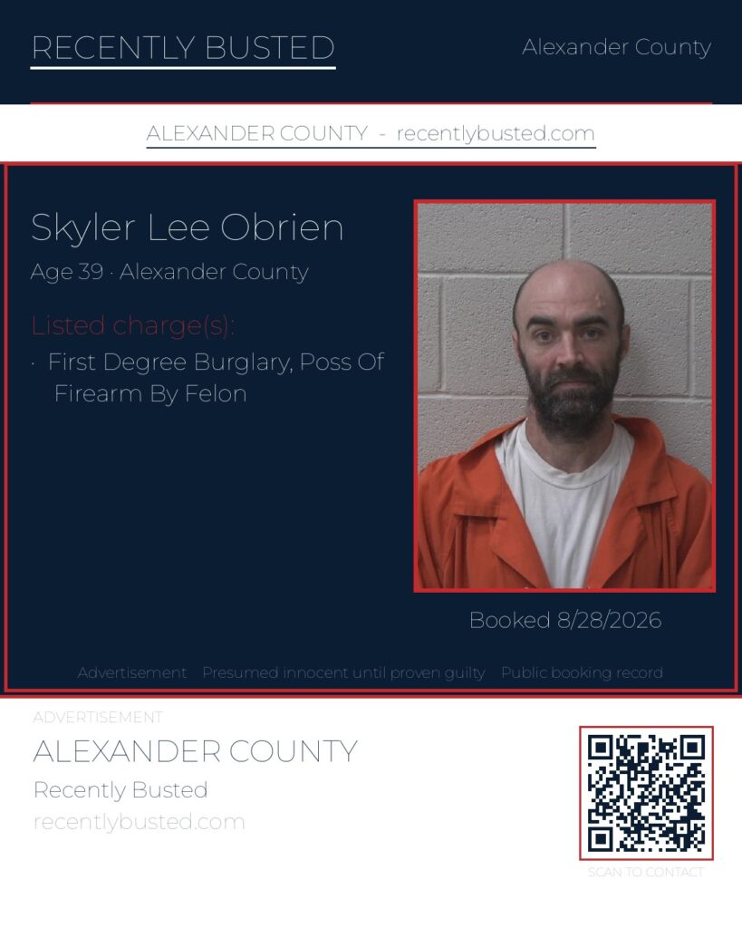 SKYLER LEE OBRIEN — arrest record card, Alexander County, North Carolina