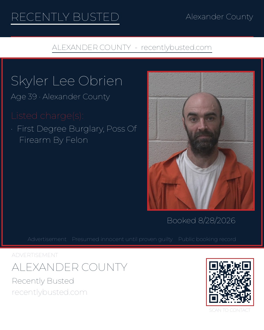 SKYLER LEE OBRIEN — arrest record card, Alexander County, North Carolina