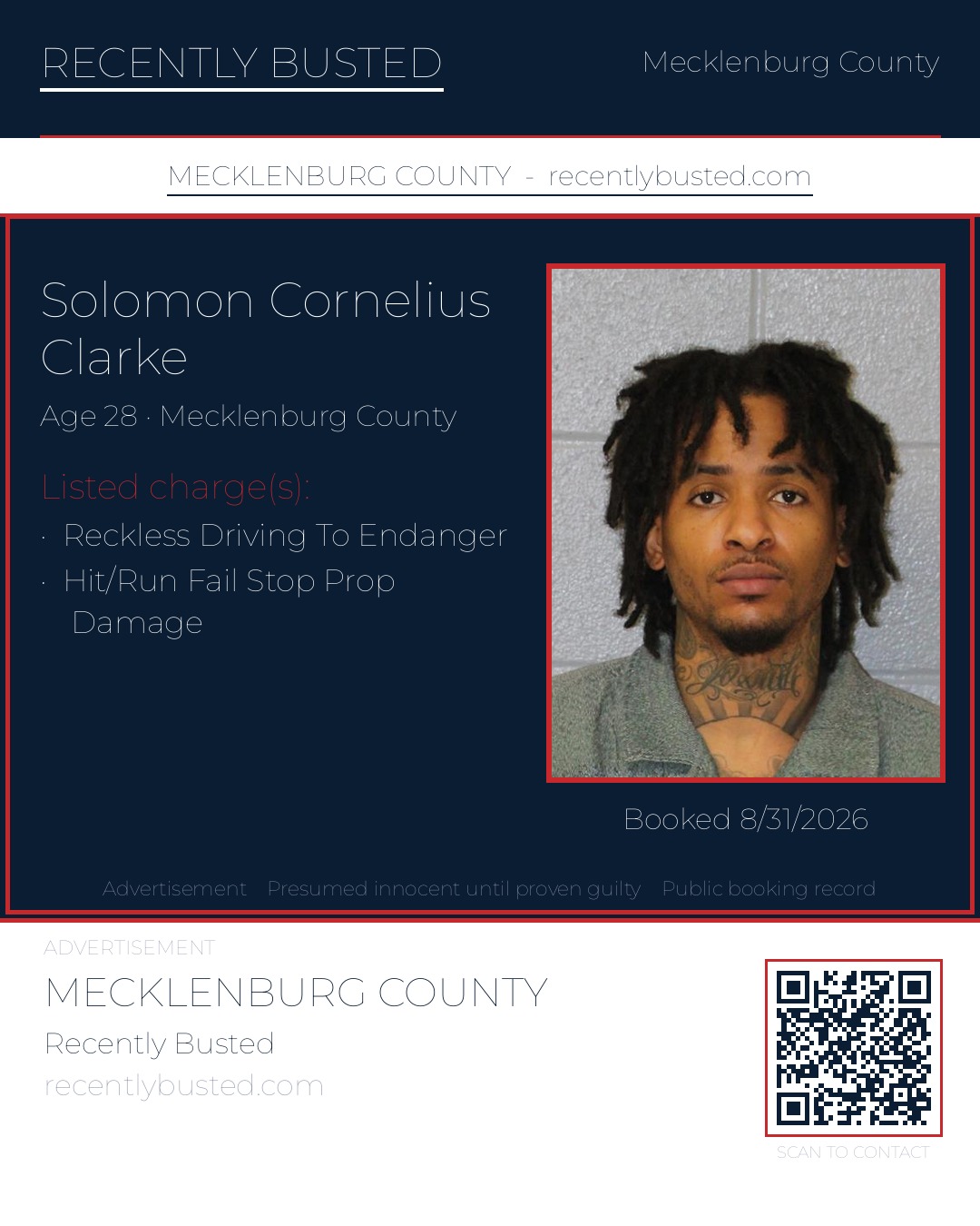 SOLOMON CORNELIUS CLARKE — arrest record card, Mecklenburg County, North Carolina
