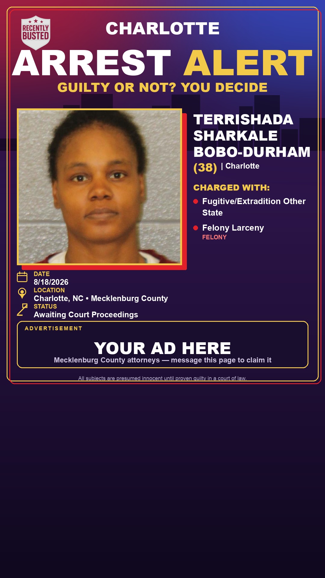 Arrest report - TERRISHADA SHARKALE BOBO-DURHAM
