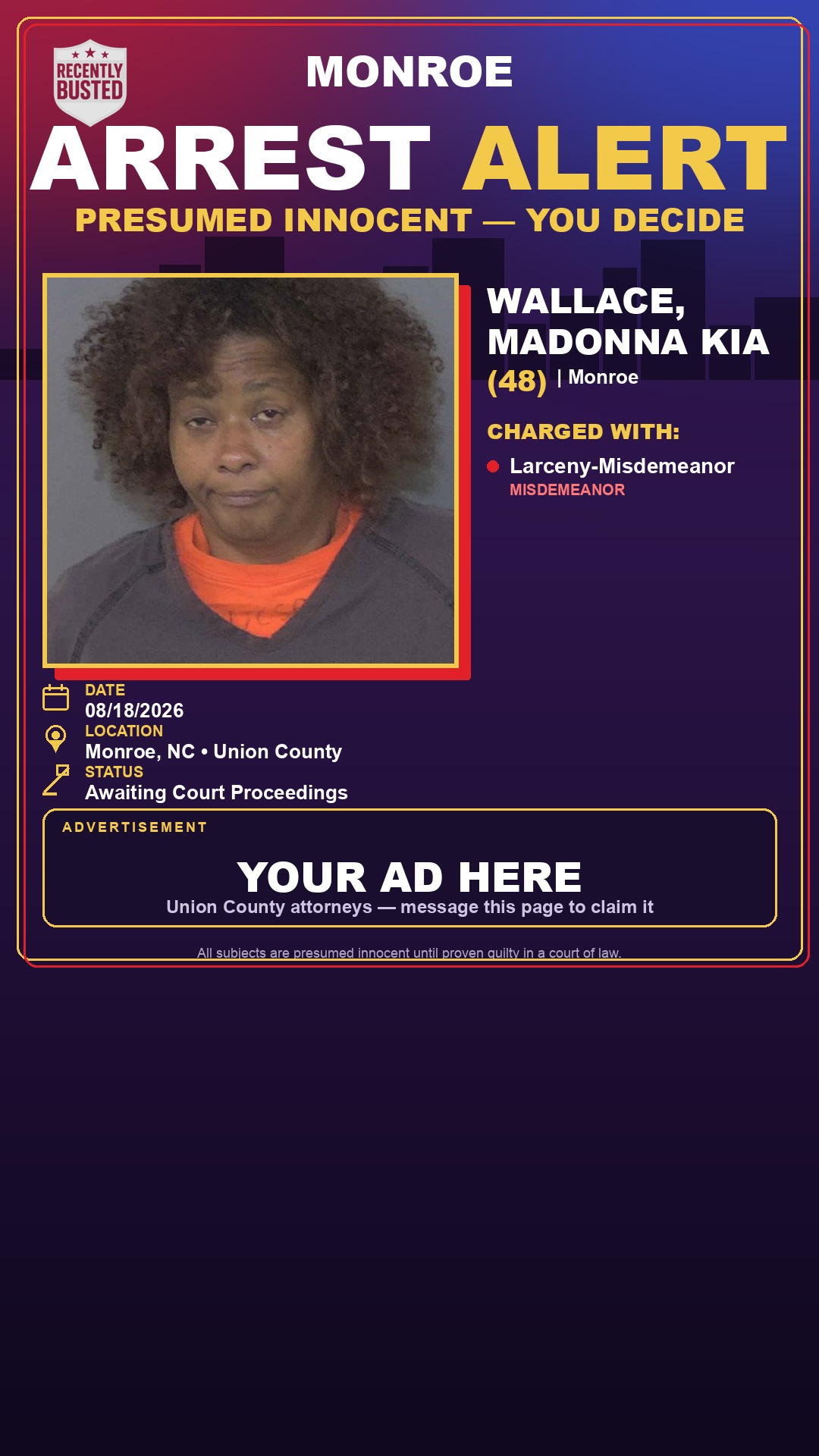 Arrest report - WALLACE, MADONNA KIA