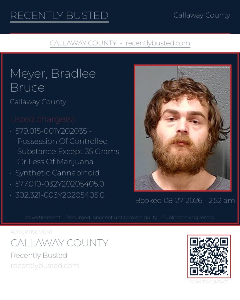 Meyer, Bradlee Bruce — arrest record card, Callaway County