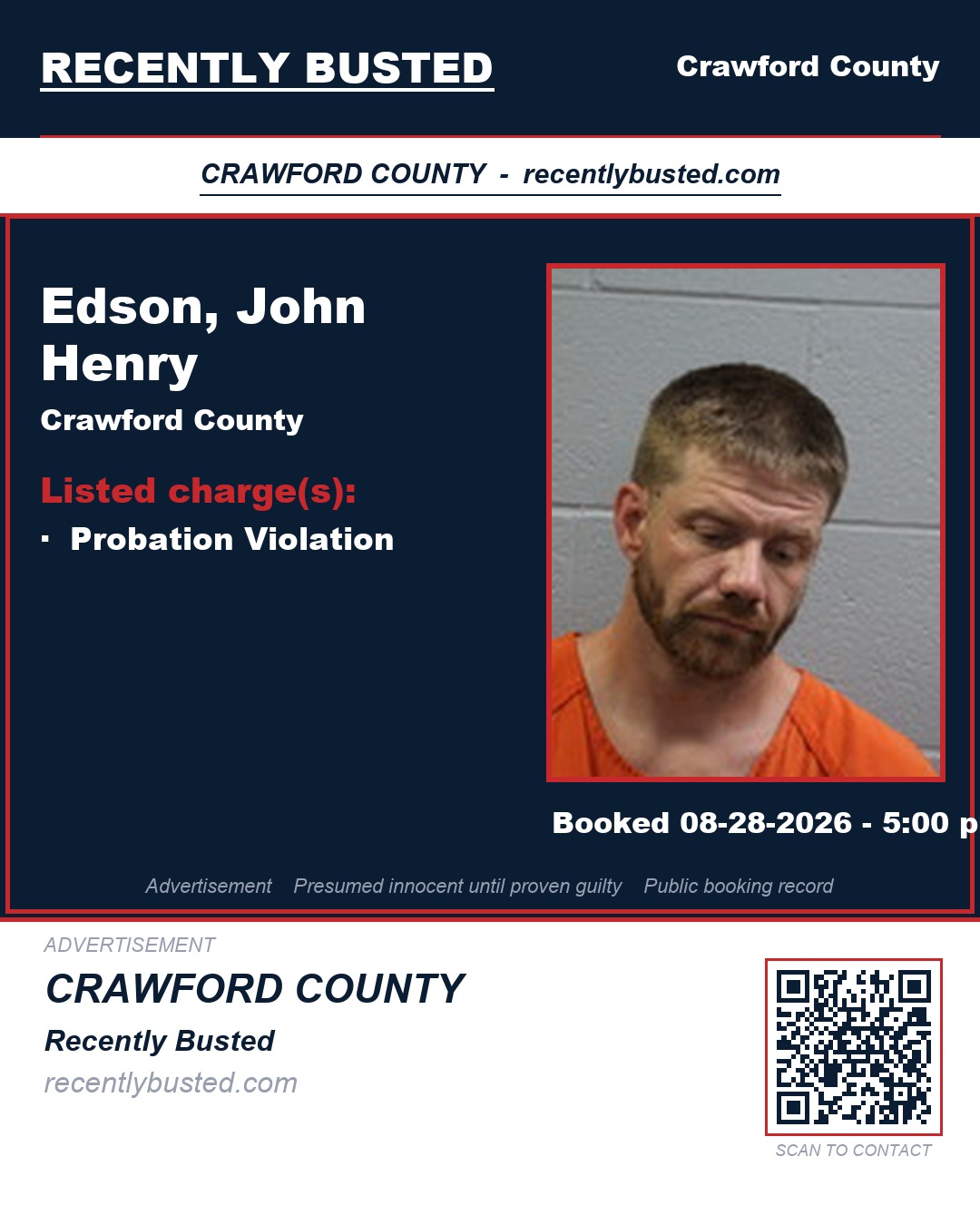 Edson, John Henry — arrest record card, Crawford County