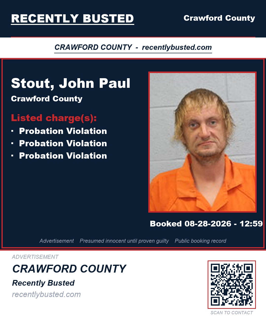 Stout, John Paul — arrest record card, Crawford County