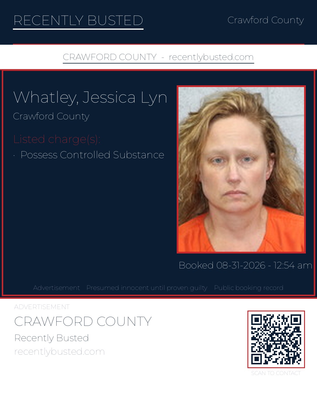 Whatley, Jessica Lyn — arrest record card, Crawford County