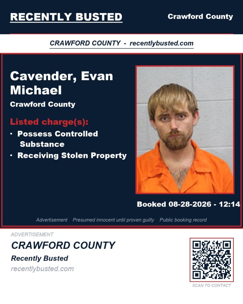 Cavender, Evan Michael — arrest record card, Missouri