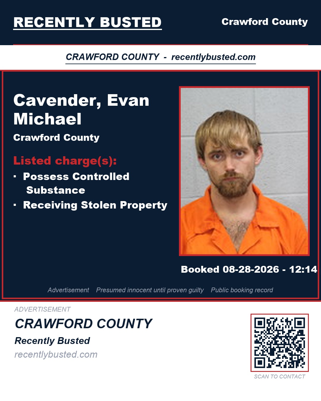 Cavender, Evan Michael — arrest record card, Crawford County