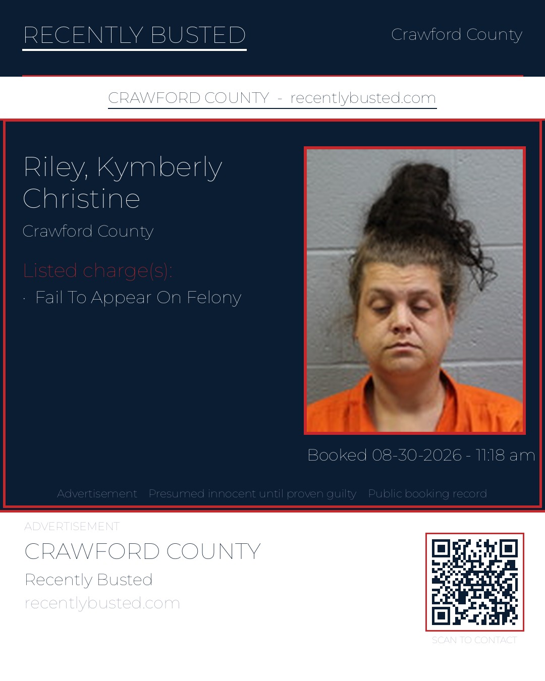 Riley, Kymberly Christine — arrest record card, Crawford County