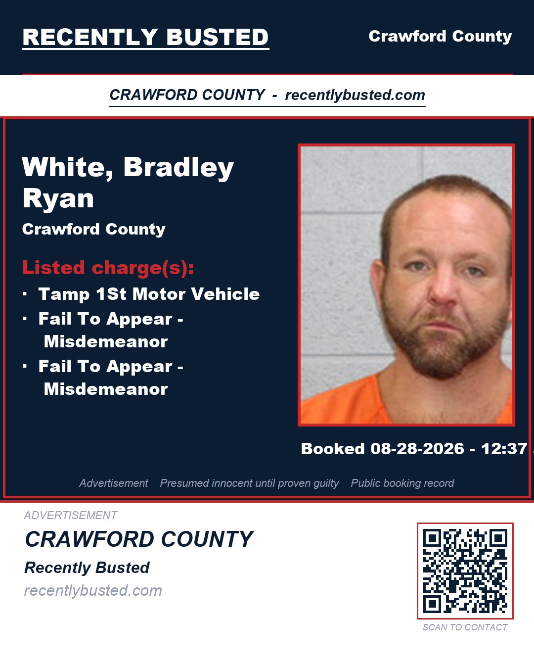 White, Bradley Ryan — arrest record card, Crawford County
