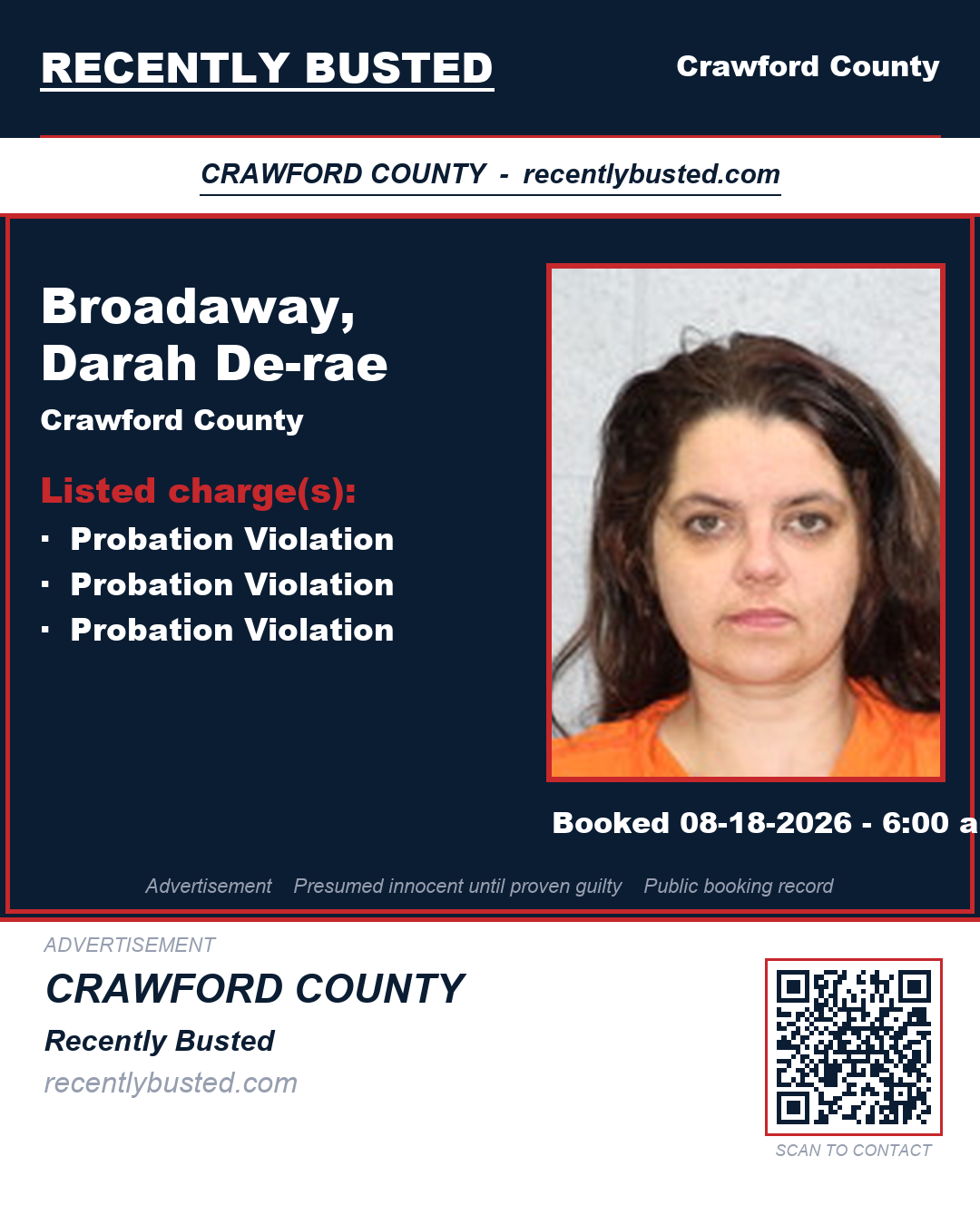 Broadaway, Darah De-rae — arrest record card, Crawford County