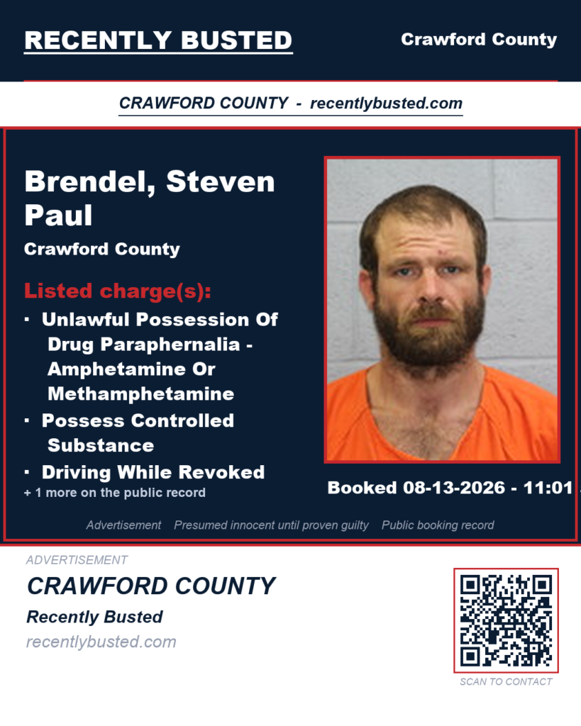 Brendel, Steven Paul — arrest record card, Crawford County