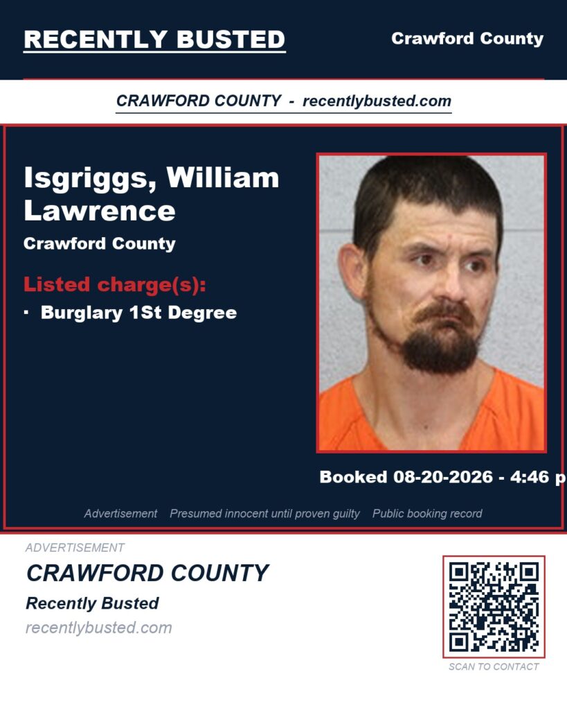 Isgriggs, William Lawrence — arrest record card, Crawford County