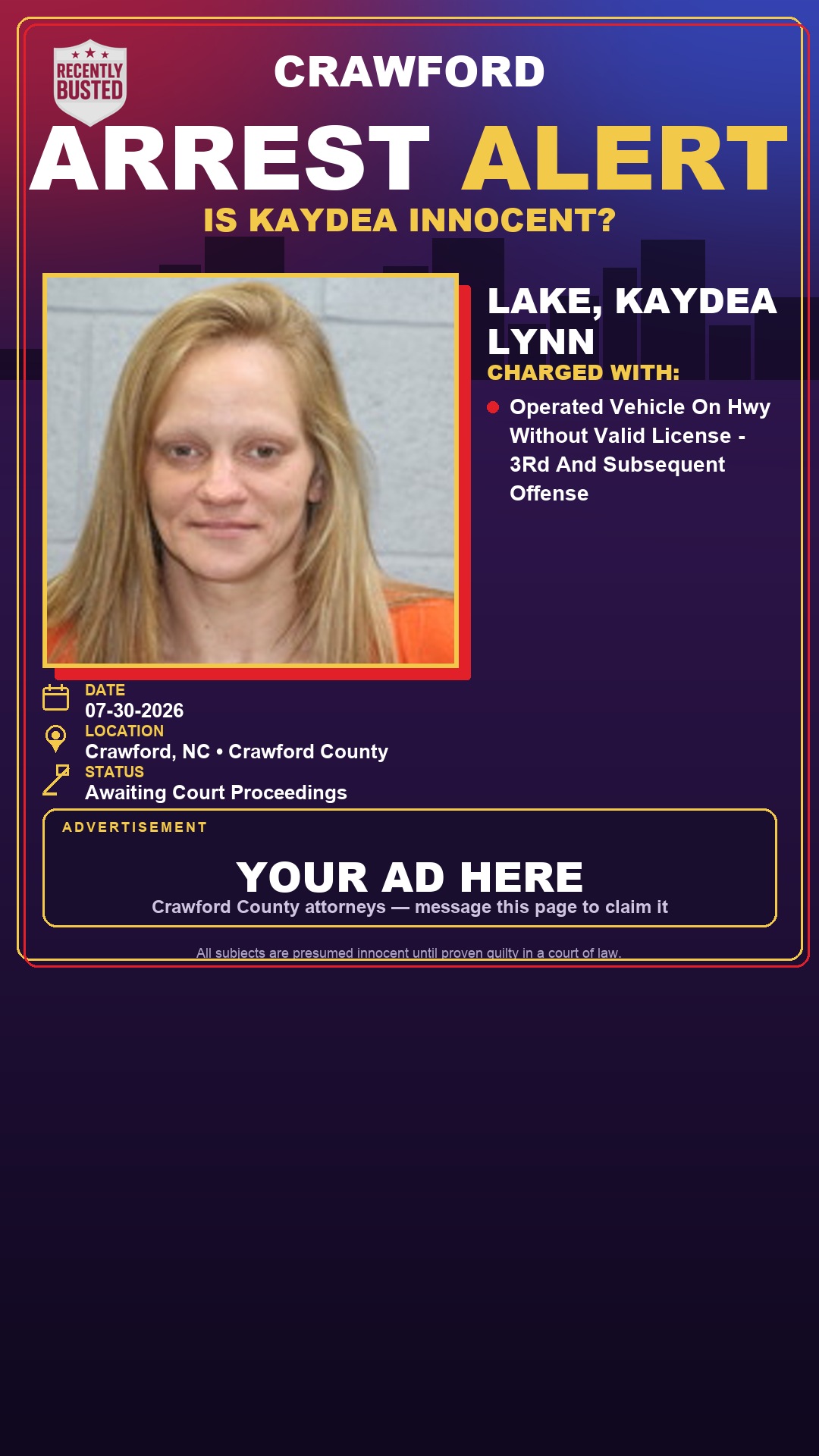 Arrest report - Lake, Kaydea Lynn