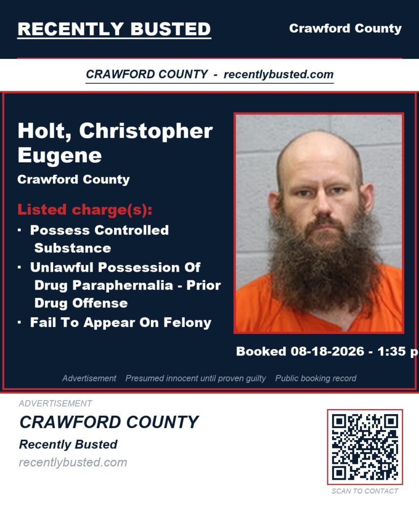 Holt, Christopher Eugene — arrest record card, Crawford County