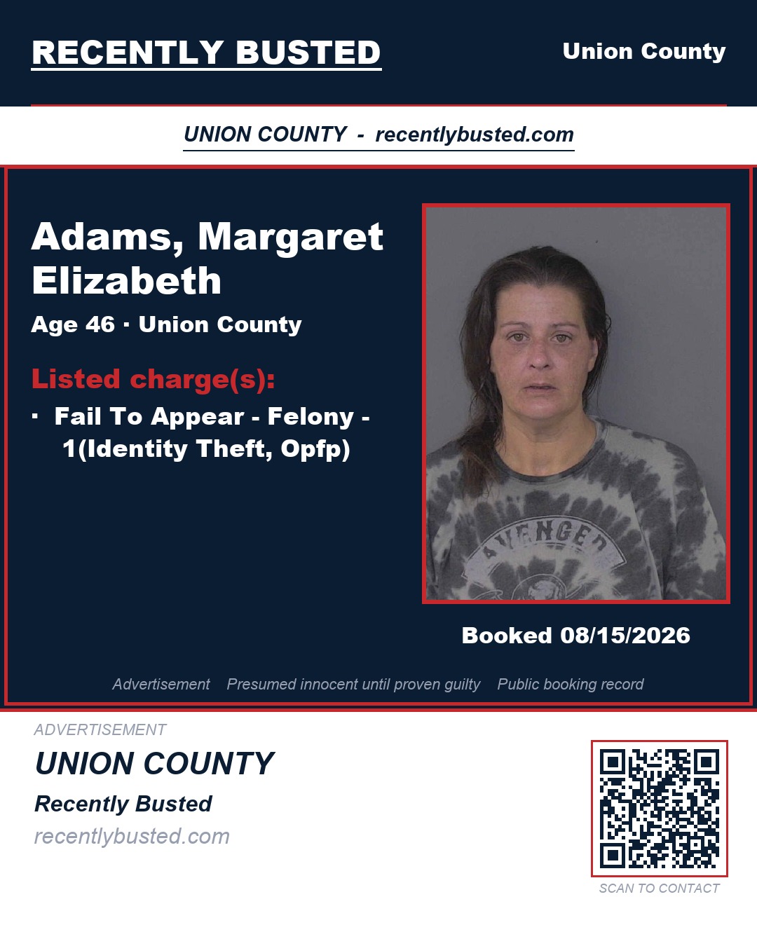 ADAMS, MARGARET ELIZABETH — arrest record card, Union County, North Carolina