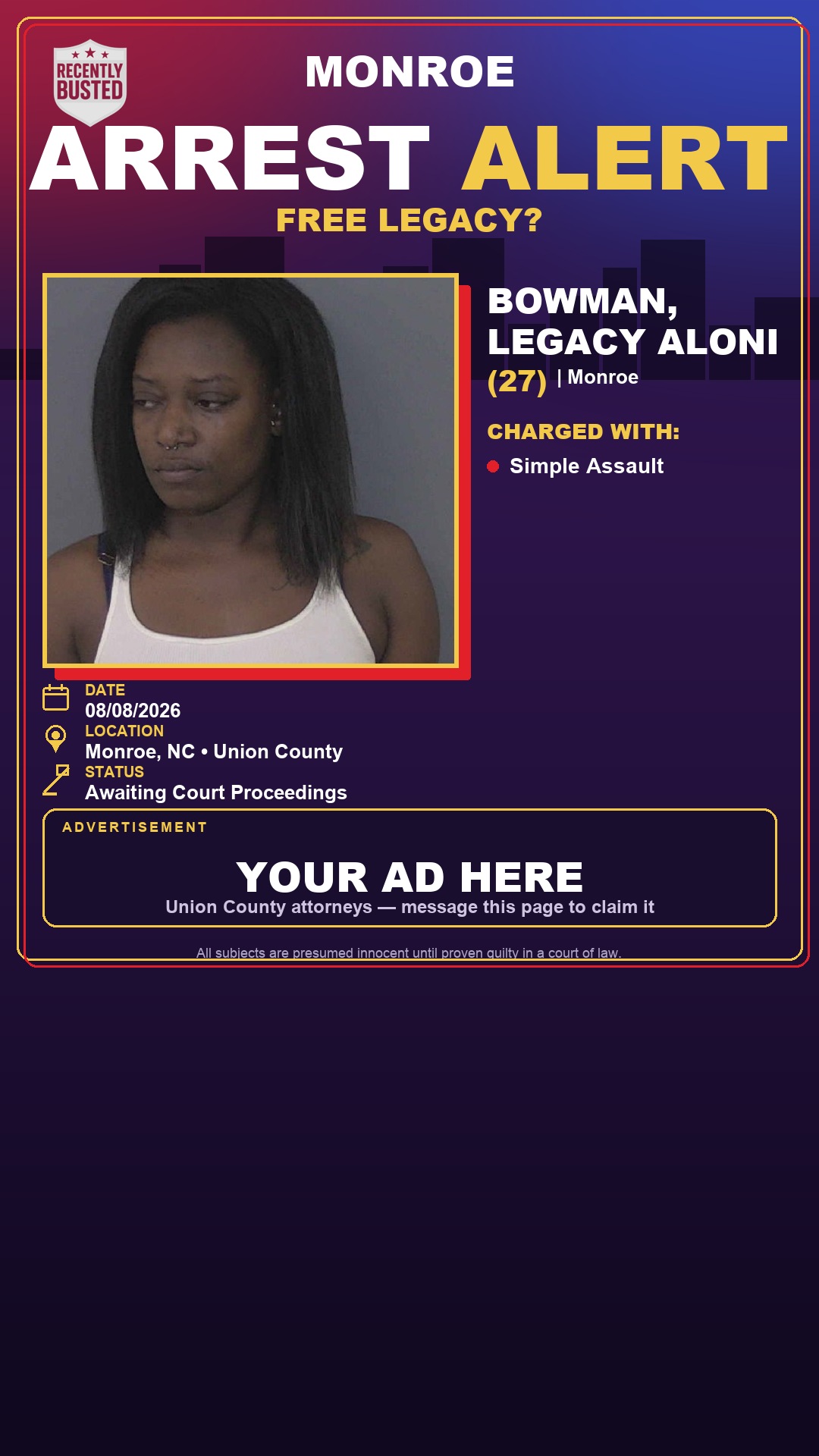 Arrest report - BOWMAN, LEGACY ALONI