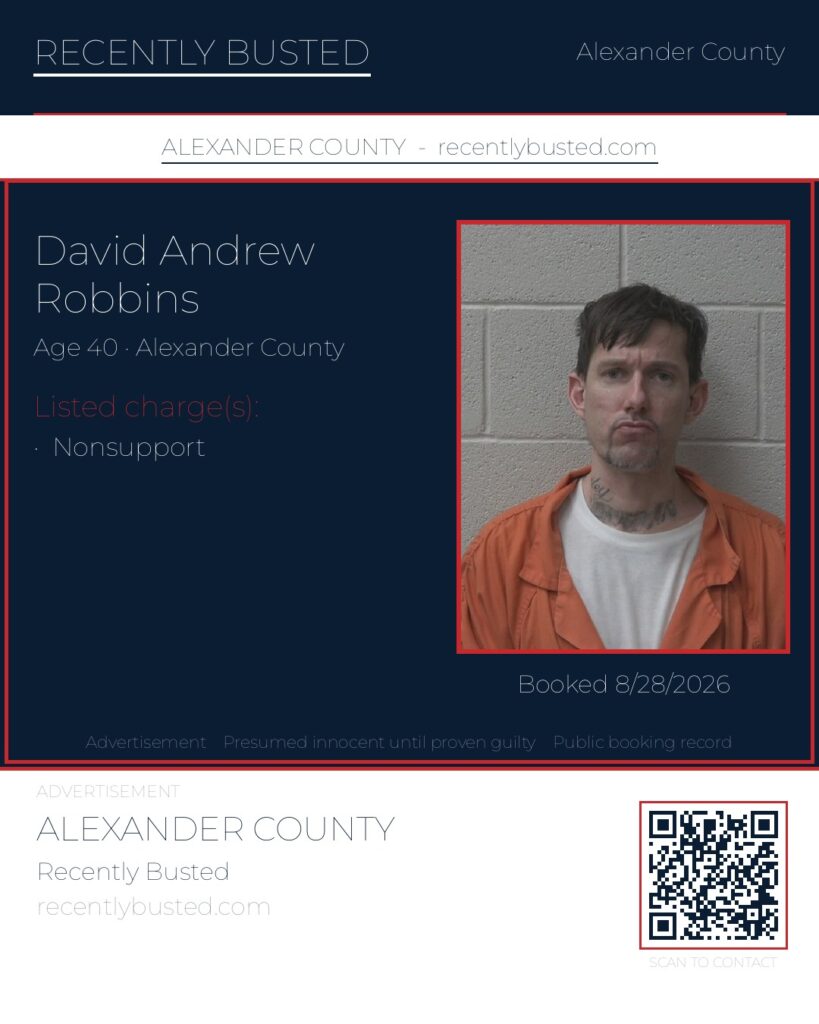 DAVID ANDREW ROBBINS — arrest record card, Alexander County, North Carolina