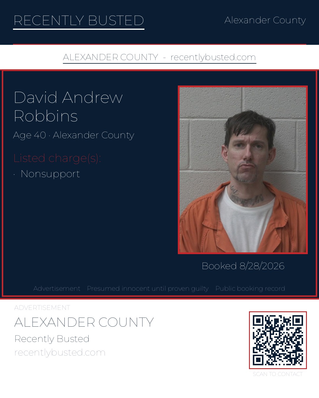 DAVID ANDREW ROBBINS — arrest record card, Alexander County, North Carolina