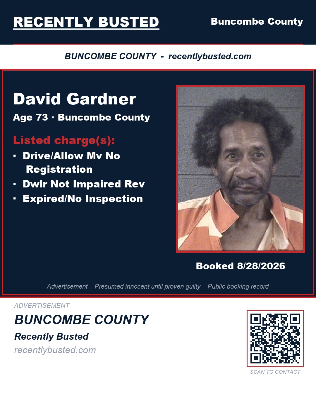 DAVID GARDNER — arrest record card, Buncombe County, North Carolina