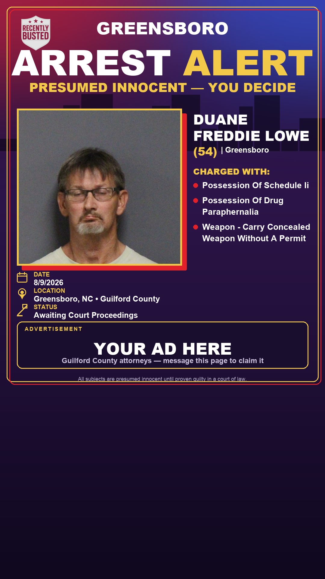 Arrest report - DUANE FREDDIE LOWE