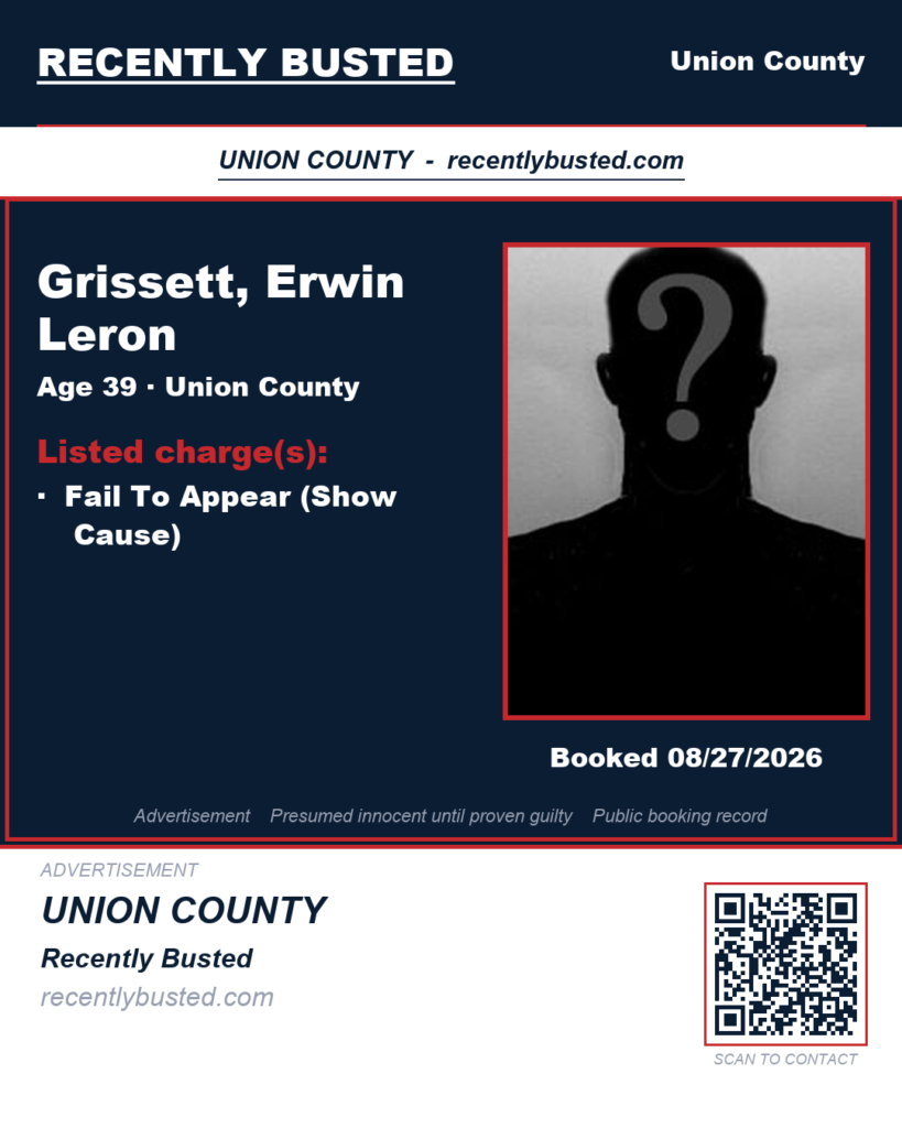 GRISSETT, ERWIN LERON — arrest record card, Union County, North Carolina