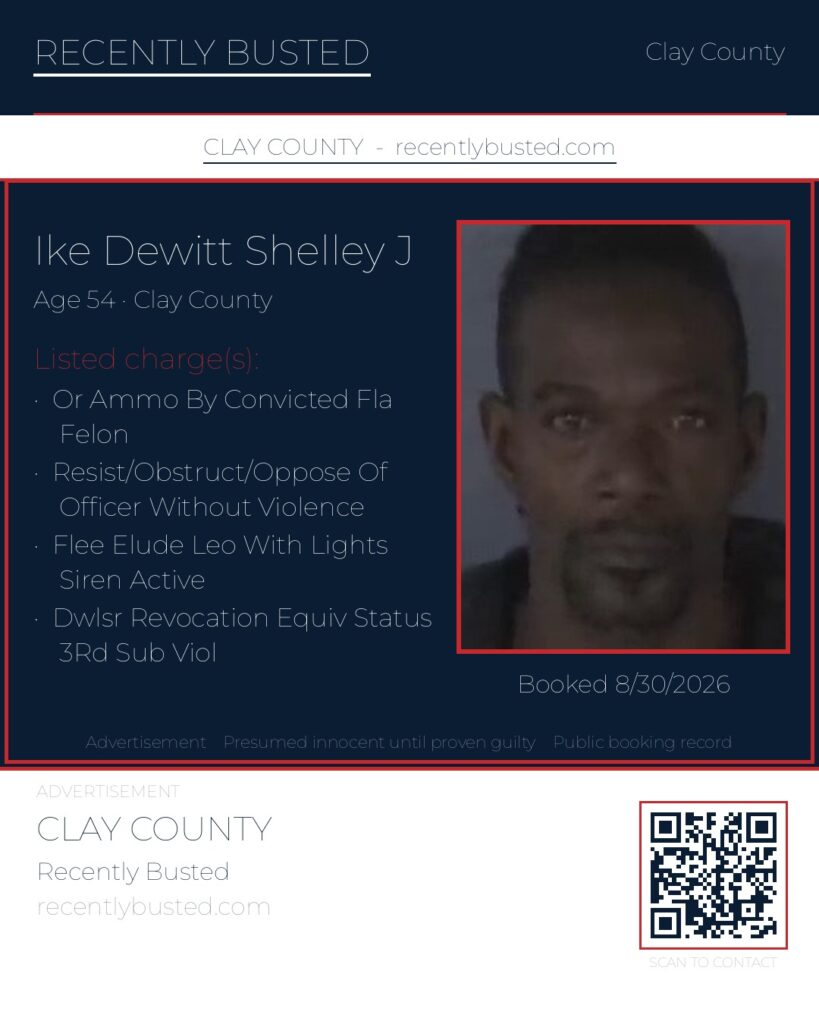 IKE DEWITT SHELLEY J — arrest record card, Clay County, Florida