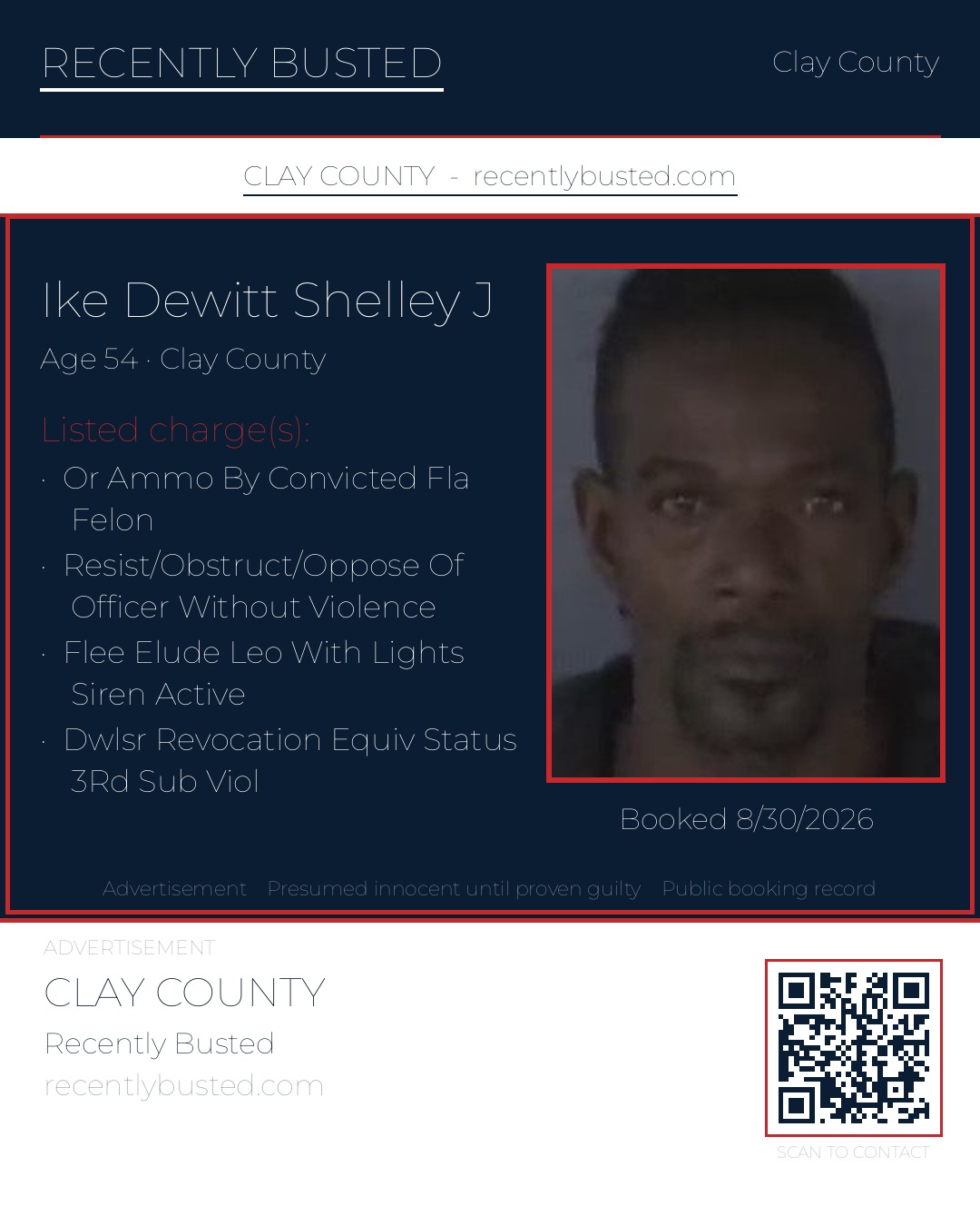 IKE DEWITT SHELLEY J — arrest record card, Clay County, Florida