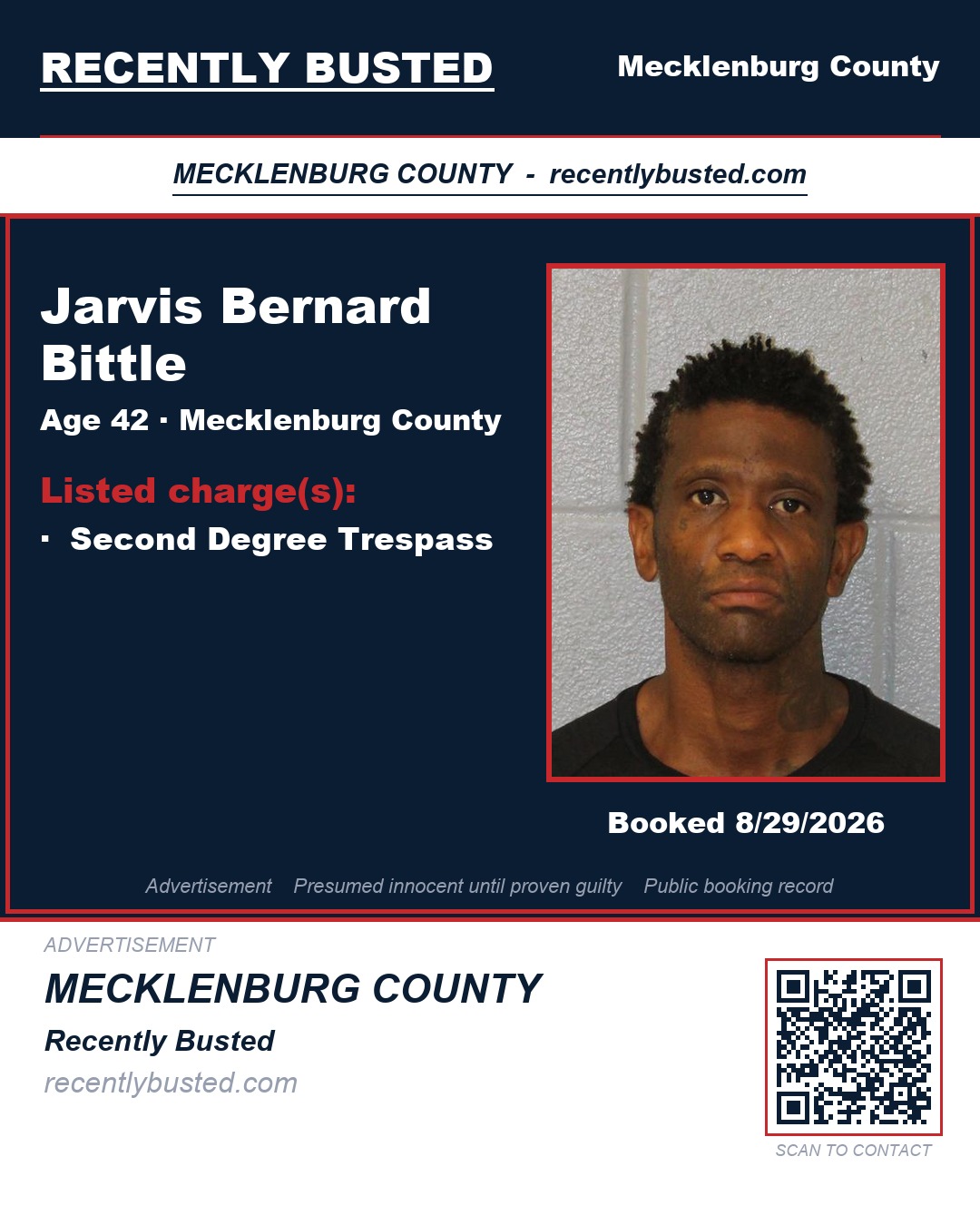 JARVIS BERNARD BITTLE — arrest record card, Mecklenburg County, North Carolina